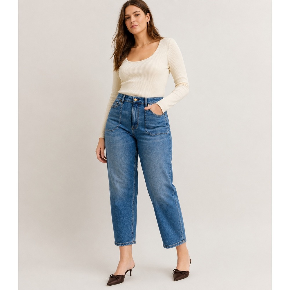 Judy Blue Rhett Barrel Jeans High Rise Cropped Patch Pocket Medium Wash 15 / 32